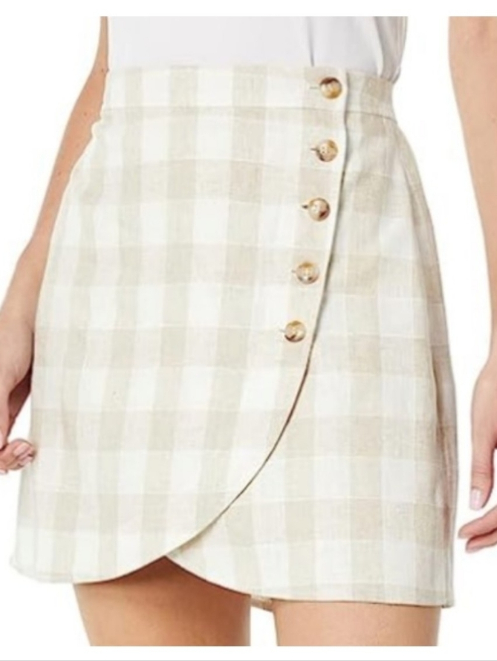 Madewell Linen Blend Tulip Hem Mini Beige Gingham Button-Front Skirt Wms Size 6.